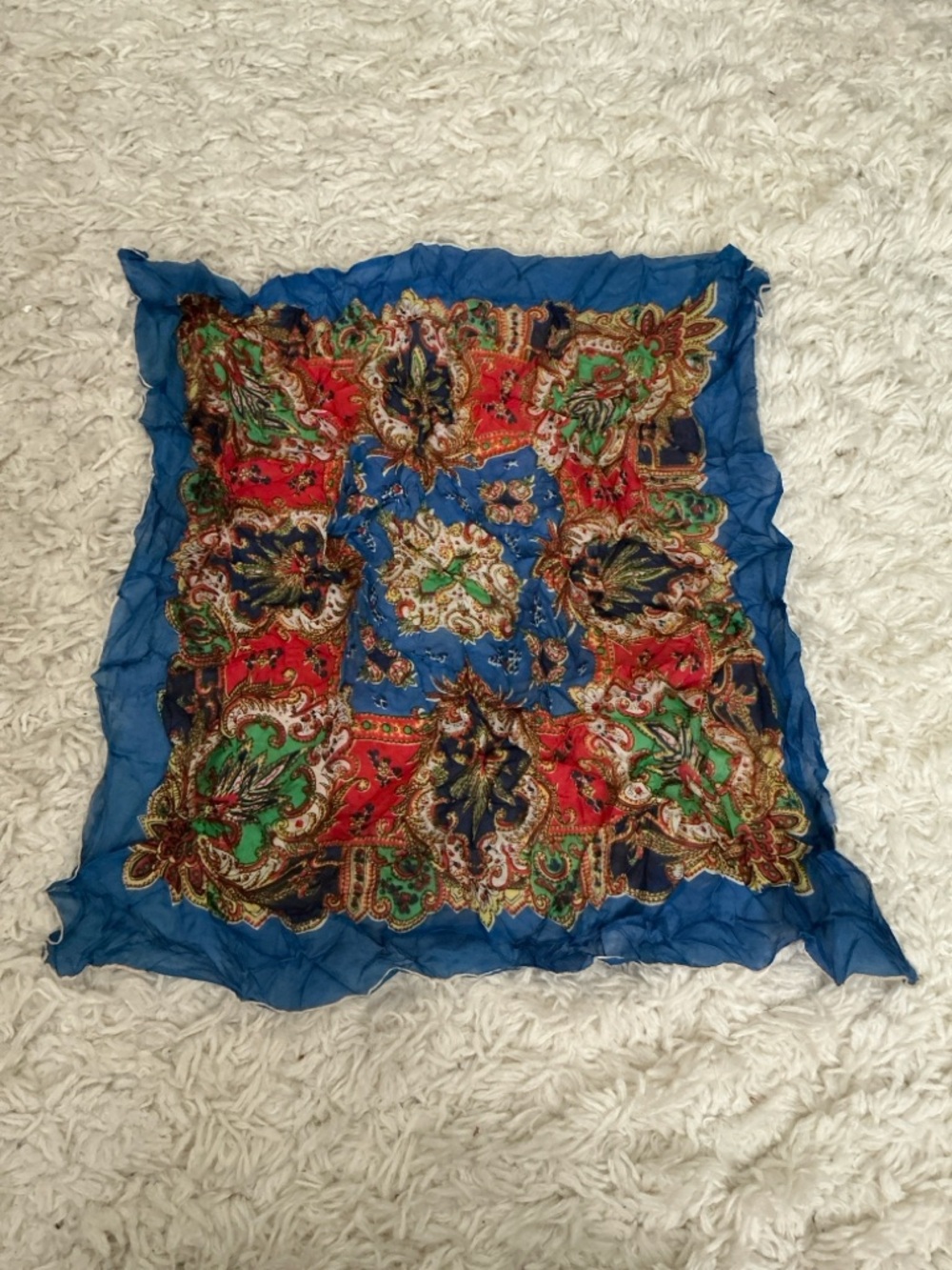 VINTAGE Bright Blue Red Multicolored Print Scarf